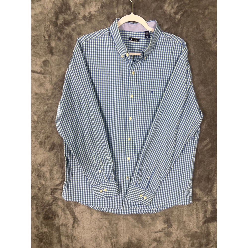 IZOD Mens XL Gingham Button Down Shirt Blue Green Long Sleeve Checkered Pockets